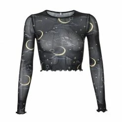 Kinky Cloth Top & Tees Sun Moon Print Mesh Crop Top