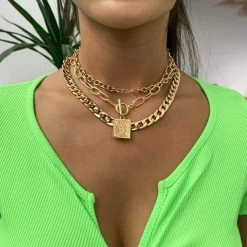 Kinky Cloth Three Layer Gold Link Punk Necklace