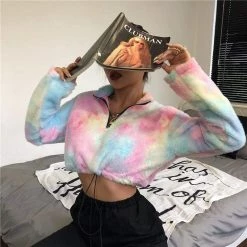 Kinky Cloth Tie Dye Long Sleeve Zipper Crop Top Top & Tees