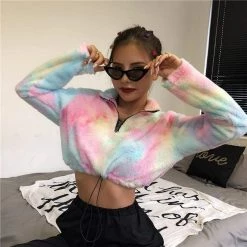Kinky Cloth Tie Dye Long Sleeve Zipper Crop Top Top & Tees