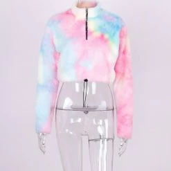 Kinky Cloth Tie Dye Long Sleeve Zipper Crop Top Top & Tees