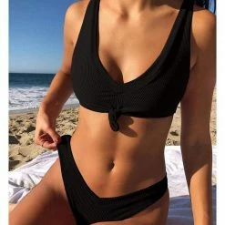 Kinky Cloth Tie Front Solid Bikini Swimsuit Swimwear