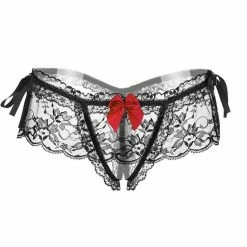 Kinky Cloth Crotchless Panties Transparent Lace Bowknot G-String Thong
