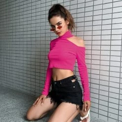 Kinky Cloth Top & Tees Turtleneck Cut Out Shoulder Crop Top