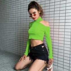 Kinky Cloth Top & Tees Turtleneck Cut Out Shoulder Crop Top