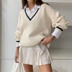 Kinky Cloth Top & Tees V-Neck Stripe Preppy Style Sweater