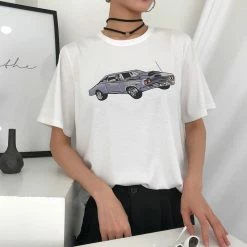 Kinky Cloth Vintage Car Print White Loose T-shirt