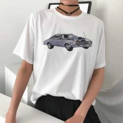 Kinky Cloth Vintage Car Print White Loose T-shirt