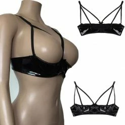 Kinky Cloth Wet Look Leather Open Cup Bra