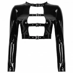 Kinky Cloth Wetlook Hollow Out Front Buckles Top