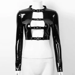 Kinky Cloth Wetlook Hollow Out Front Buckles Top