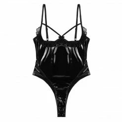 Kinky Cloth Leather Open Breast Cup Thong Bodysuit