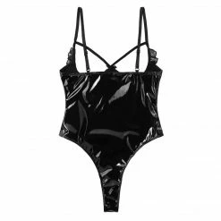 Kinky Cloth Leather Open Breast Cup Thong Bodysuit