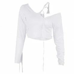 Kinky Cloth White Oblique Shoulder Crop Top Top & Tees