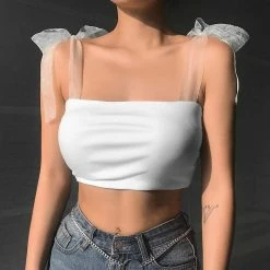 Kinky Cloth White Strappy Bow Ribbon Cropped Top