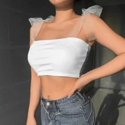 Kinky Cloth White Strappy Bow Ribbon Cropped Top